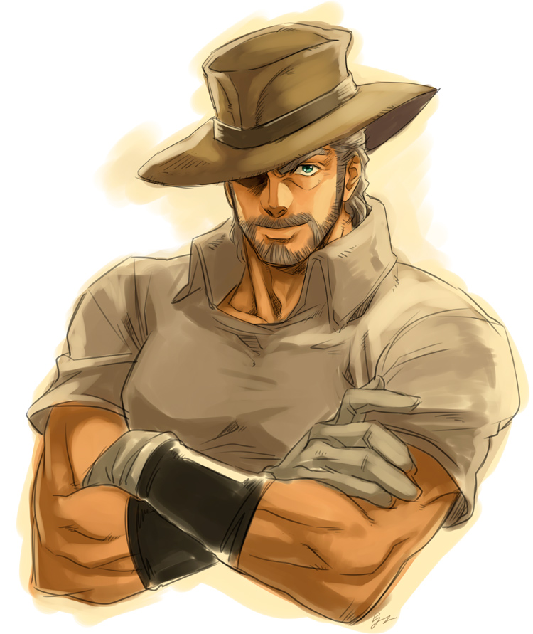 1boy, beard, blue_eyes, facial_hair, grey_hair, hat, jojo_no_kimyou_na_bouken, joseph_joestar