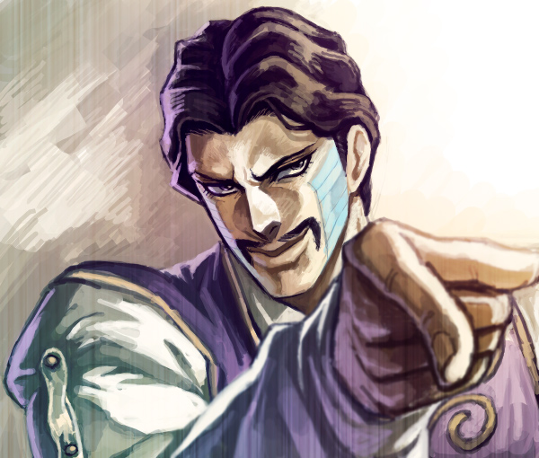 1boy, black_hair, daniel_d'arby, facial_hair, jojo_no_kimyou_na_bouken, kouto29, mustache, pointing