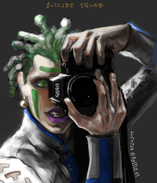 camera, cioccolata, dated, dc_comics, earrings, facial_mark, green_eyes, green_hair, jewelry, jojo_no_kimyou_na_bouken, lipstick, makeup, parody, purple_lipstick, sasamura, the_killing_joke, twitter_username