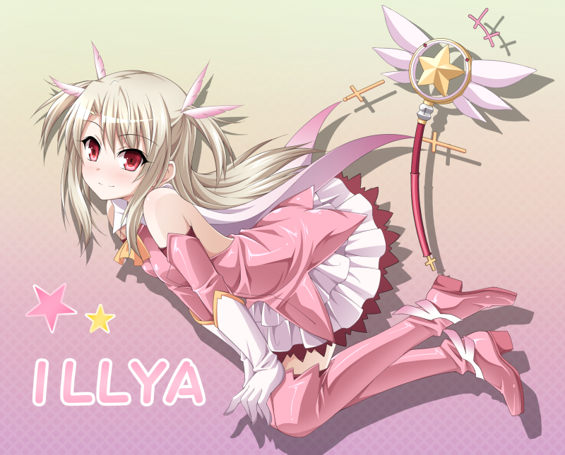 1girl, bare_shoulders, character_name, fate/kaleid_liner_prisma_illya, fate_(series), gloves, illyasviel_von_einzbern, kaleidostick, long_hair, magical_girl, negativezone649_(kyuutouryuu), red_eyes, silver_hair, smile, solo, thigh-highs, two_side_up, wand, zettai_ryouiki