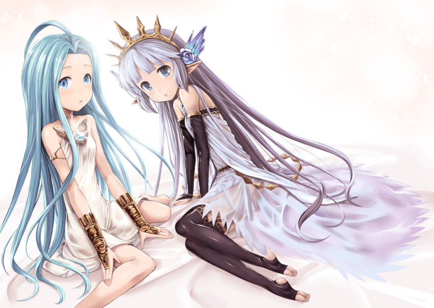 2girls, :o, bare_shoulders, barefoot, black_legwear, blue_eyes, blue_hair, bridal_gauntlets