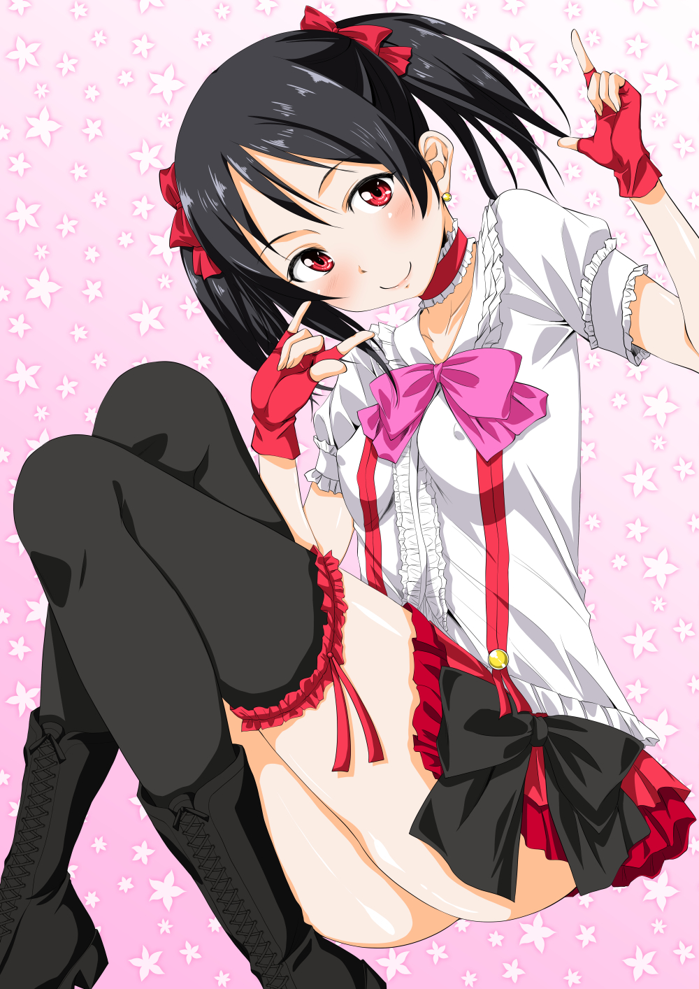 1girl, \m/, arsenal, black_hair, black_legwear, blush, boots, bow, cross-laced_footwear, earrings, fingerless_gloves, floral_background, frills, gloves, hair_ribbon, highres, jewelry, long_hair, looking_at_viewer, love_live!_school_idol_project, red_eyes, ribbon, skirt, smile, solo, thigh-highs, twintails, yazawa_nico