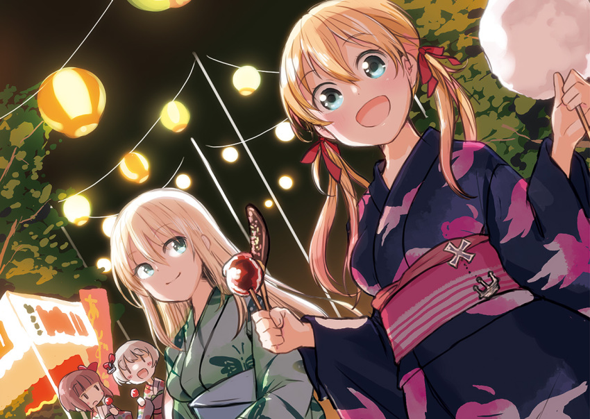 banana_popsicle, bismarck_(kantai_collection), blonde_hair, blue_eyes, blush, brown_hair, candy_apple, cotton_candy