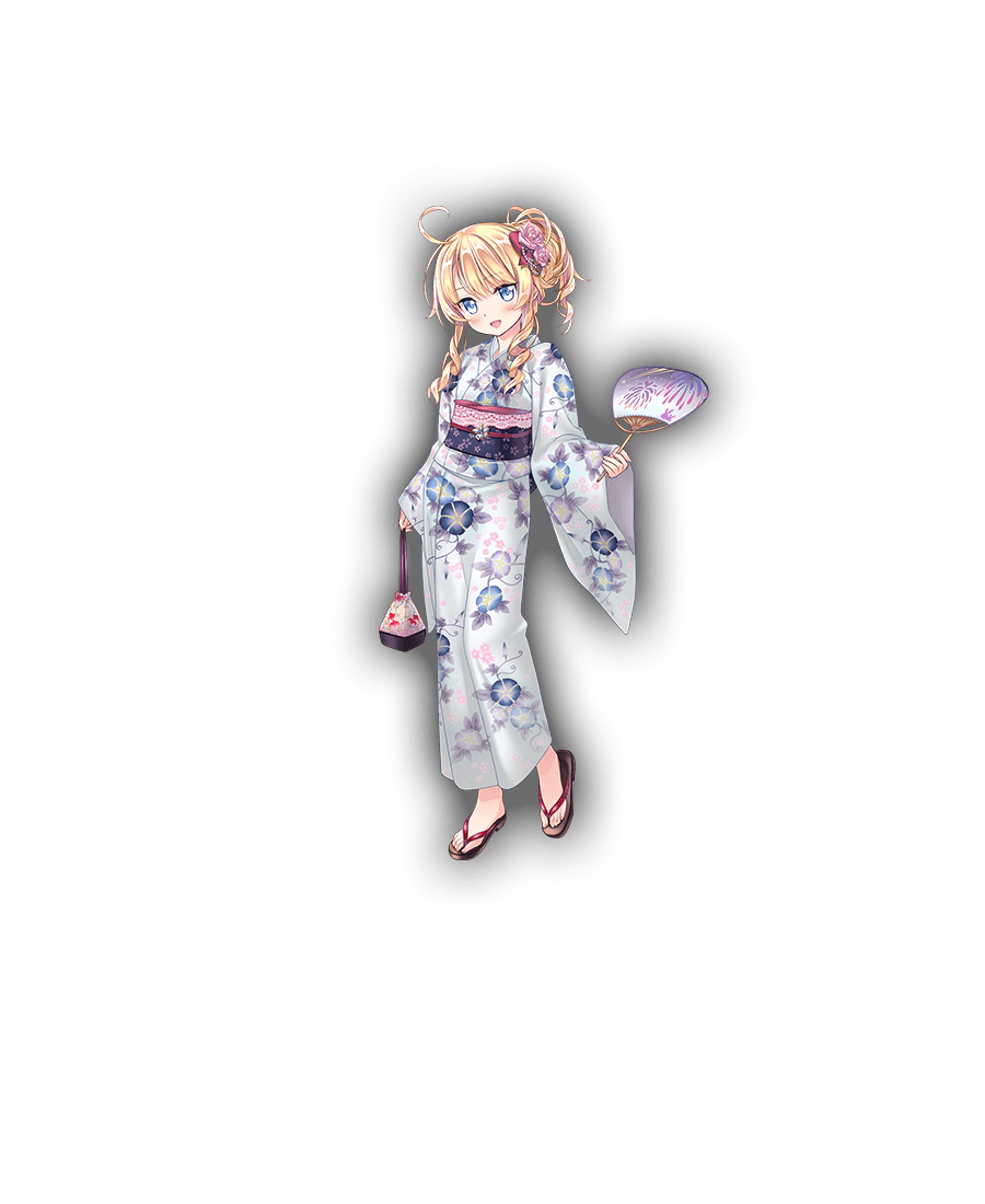alternate_costume, alternate_hairstyle, amakusa_tobari, bag, blonde_hair, blue_eyes, fan, flower