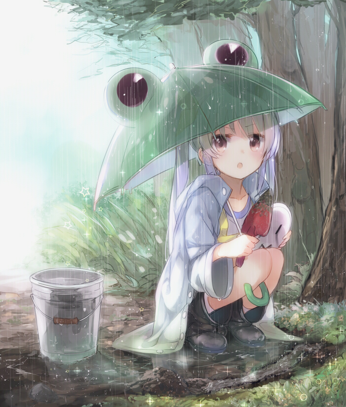 1girl, blush, boots, brown_hair, bucket, kojiki-life, long_hair, mask