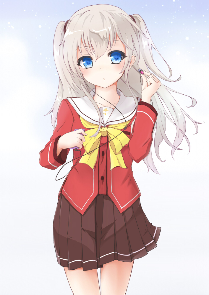 1girl, blue_eyes, charlotte_(anime), digital_media_player, earphones, earphones, long_hair, mokichi812
