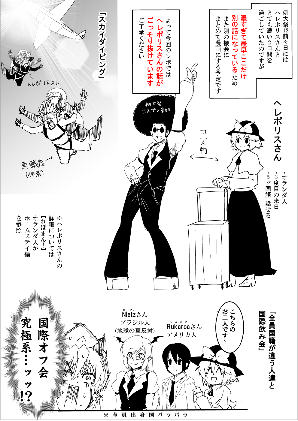 afro, airplane, amakasu_barley_tenji, artist_self-insert, bat_wings, comic, falling, hat