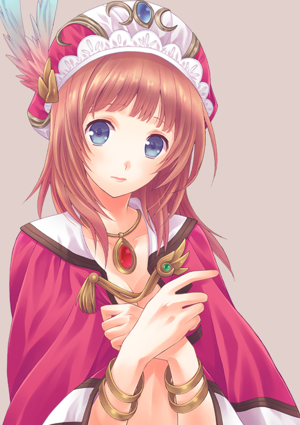 1girl, atelier_(series), atelier_rorona, blue_eyes, bracelet, brown_hair, capelet, covering