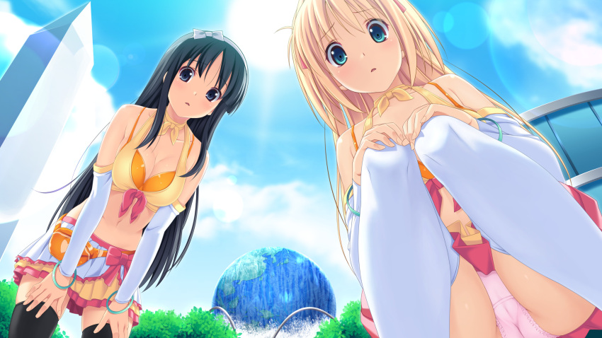 2girls, aqua_eyes, black_eyes, black_hair, black_legwear, bracelet, detached_sleeves, from_below, front-tie_top, fukami_nagisa, game_cg, hair_ribbon, hairband, hands_on_legs, hands_on_own_knees, highres, jewelry, kagurazaka_namine, koutaro, leaning_forward, legs_folded, lens_flare, looking_at_viewer, multiple_girls, navel, official_art, outdoors, panties, pantyshot, pantyshot_(squatting), pink_panties, ribbon, skirt, squatting, sun, tropical_vacation, underwear, white_legwear