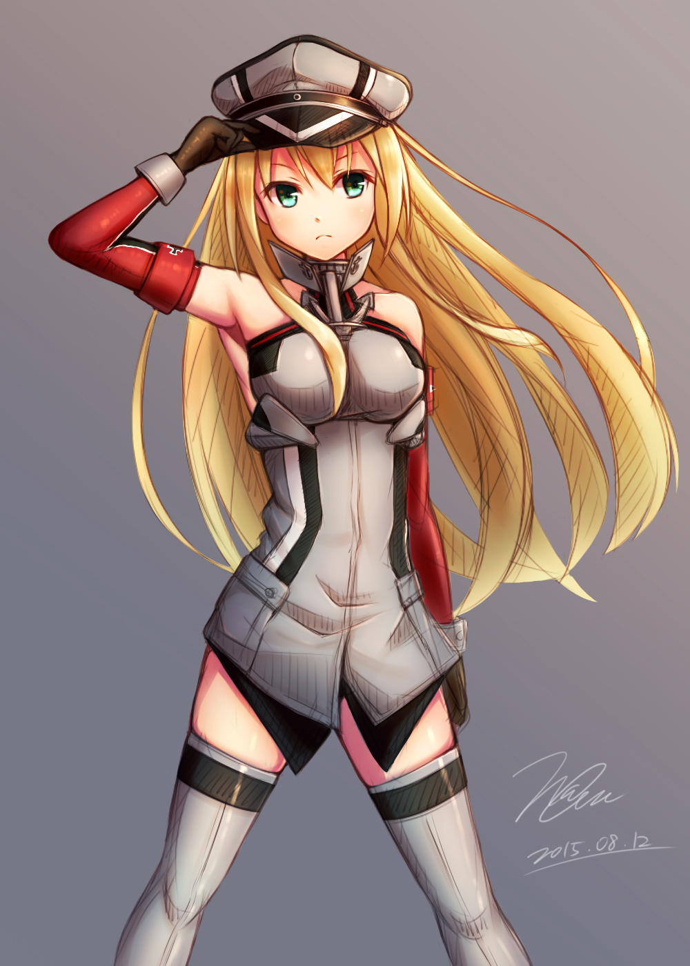1girl, 2015, arm_at_side, armpits, artist_name, bare_shoulders, bismarck_(kantai_collection), blonde_hair