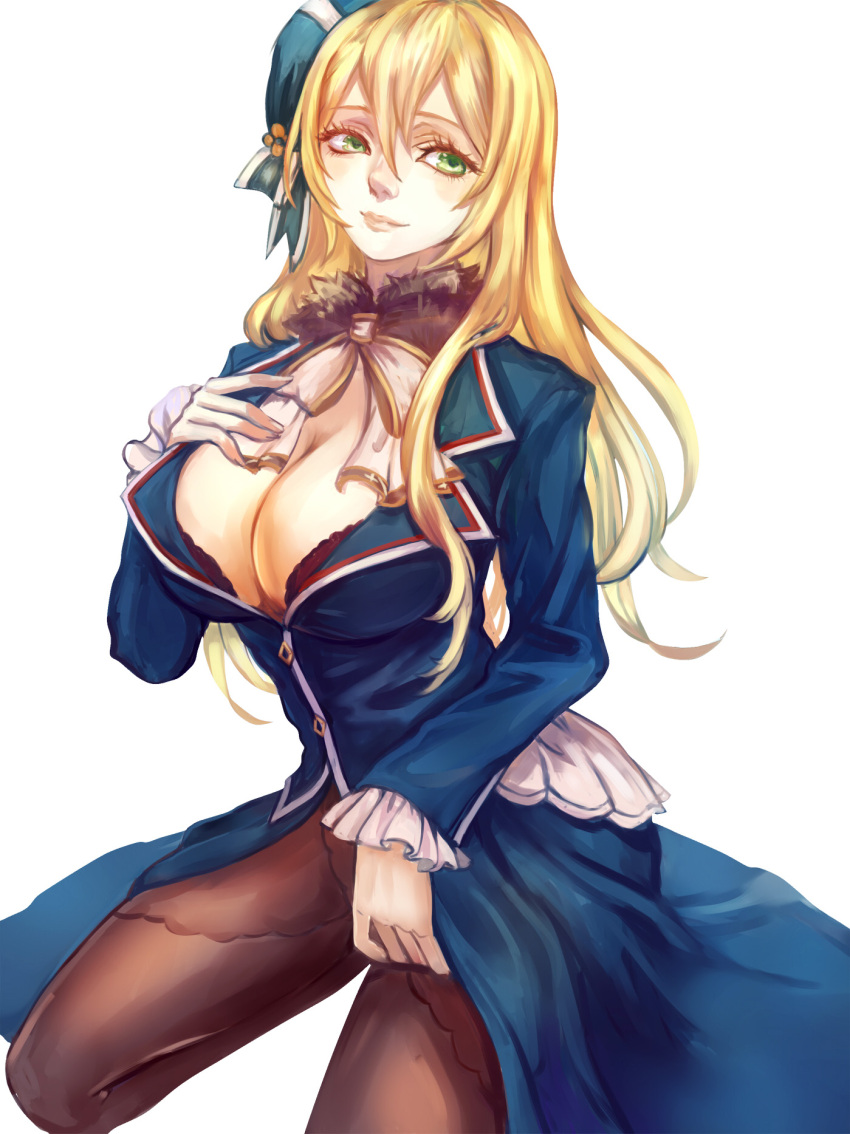 1girl, atago_(kantai_collection), beret, black_bra, blonde_hair, bra, breasts, cleavage, eyelashes, green_eyes, hat, highres, kantai_collection, large_breasts, lips, long_hair, long_sleeves, looking_at_viewer, military, military_uniform, nose, pantyhose, ringovalent, simple_background, solo, underwear, uniform, white_background