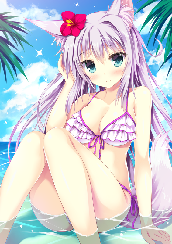 1girl, animal_ears, arm_support, bikini, blue_eyes, blush, breasts, cleavage, clouds, flower, fox_ears, fox_tail, frilled_bikini, frills, long_hair, looking_at_viewer, ocean, original, purple_hair, side-tie_bikini, sky, smile, solo, sparkle, swimsuit, tagme, tail, tateha_(artist), water, white_bikini, white_swimsuit