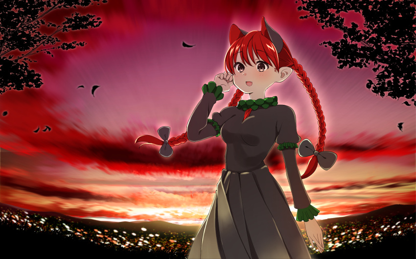 1girl, bow, braid, cat_tail, hair_bow, highres, kaenbyou_rin, long_hair