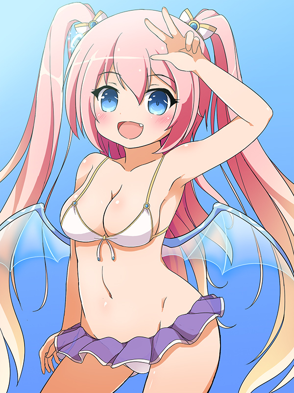 1girl, angelic_buster, bikini, blue_eyes, blush, fang, long_hair, maplestory