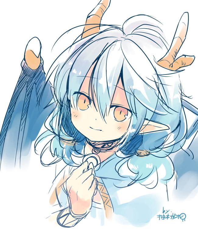 1girl, blue_hair, dragline, dragon_girl, dragon_horns, dragon_wings, horns, ole_tower, orange_eyes, pointy_ears, short_hair, simple_background, smile, solo, upper_body, white_background, wings, yuzuki_gao