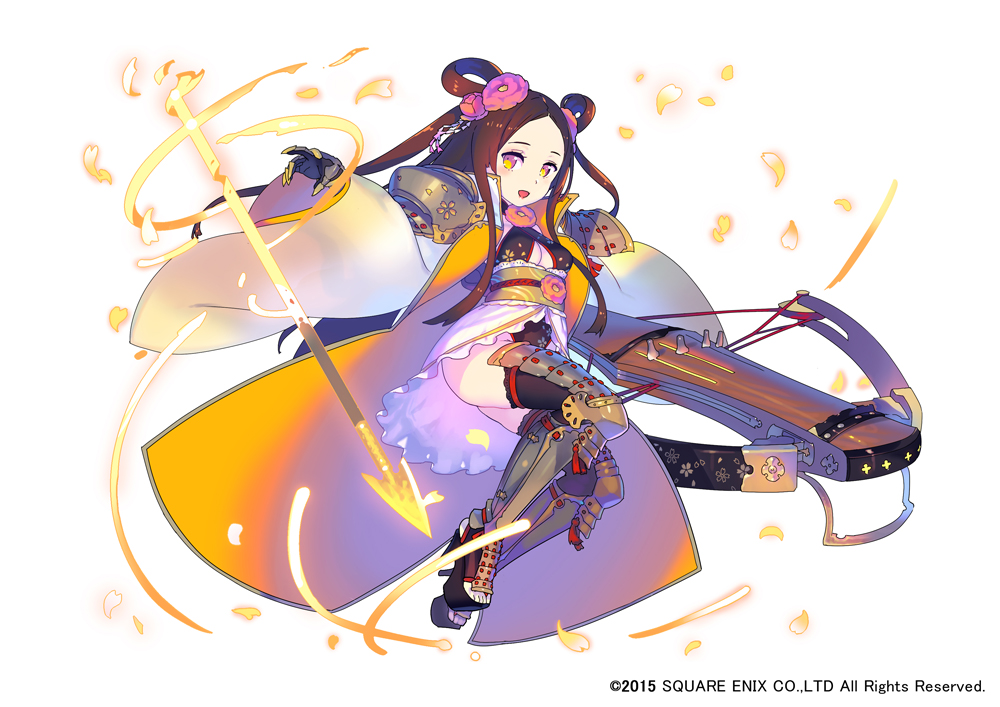 1girl, 2015, :d, armor, arrow, black_legwear, bow_(weapon), breasts