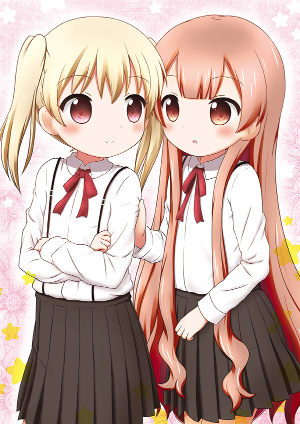 2girls, aoba_(kona), blonde_hair, bow, brown_eyes, brown_hair, crossed_arms, long_hair