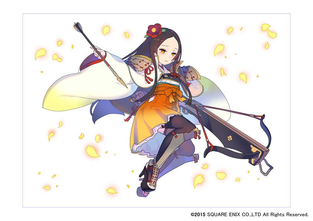 1girl, 2015, armor, arrow, black_legwear, bow_(weapon), brown_hair, crossbow, flower, forehead, hair_flower, hair_ornament, high_heels, japanese_armor, japanese_clothes, long_hair, long_sleeves, mugen_knights, muneate, nagisa_kurousagi, orange_eyes, petals, simple_background, sode, solo, square_enix, thigh-highs, weapon, white_background, wide_sleeves, zettai_ryouiki