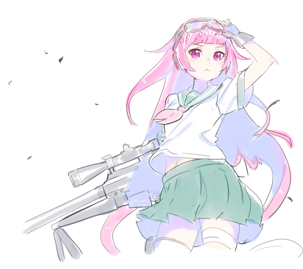 1girl, adjusting_goggles, black_gloves, fingerless_gloves, gloves, goggles, goggles_on_head, green_skirt