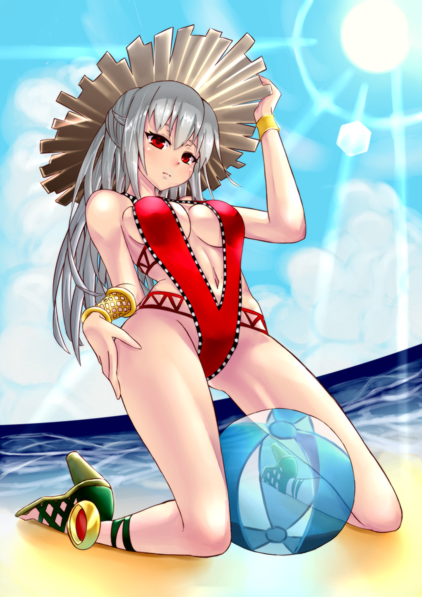 1girl, absurdres, ball, beach, beachball, blue_sky, blush, bracer