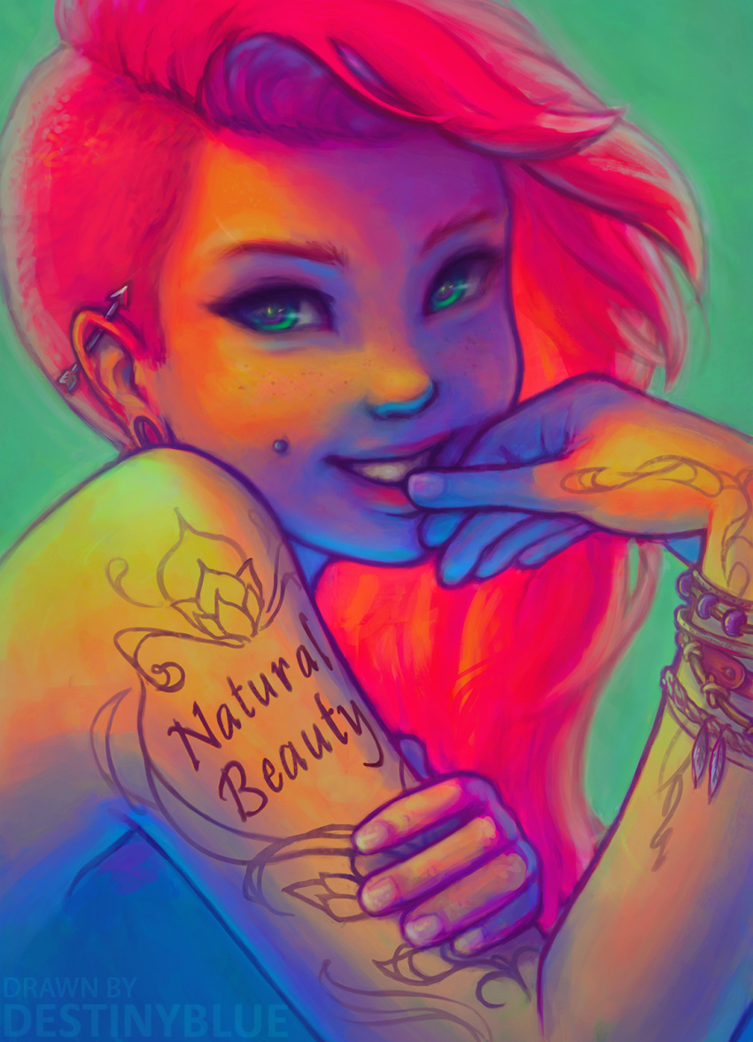1girl, arrow, arrow_in_body, bracelet, destinyblue, green_eyes, highres, jewelry, original, piercing, pink_hair, smile, solo, tattoo, watermark