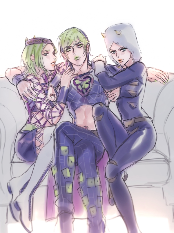1boy, 2girls, abs, arm_around_neck, black_hair, boots, couch, crossed_legs
