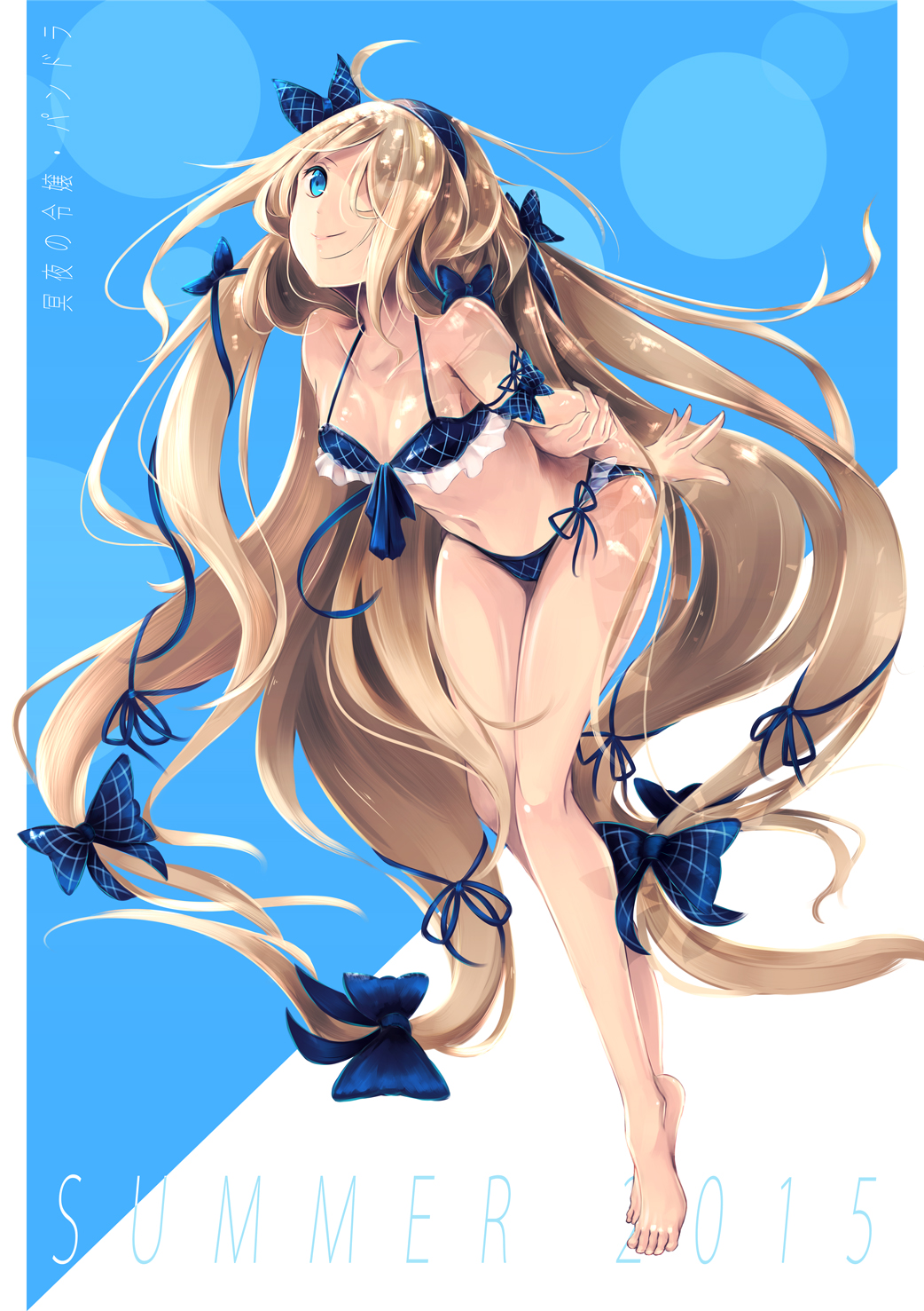 1girl, 2015, argyle_bikini, armband, arms_behind_back, bare_legs, bare_shoulders, barefoot