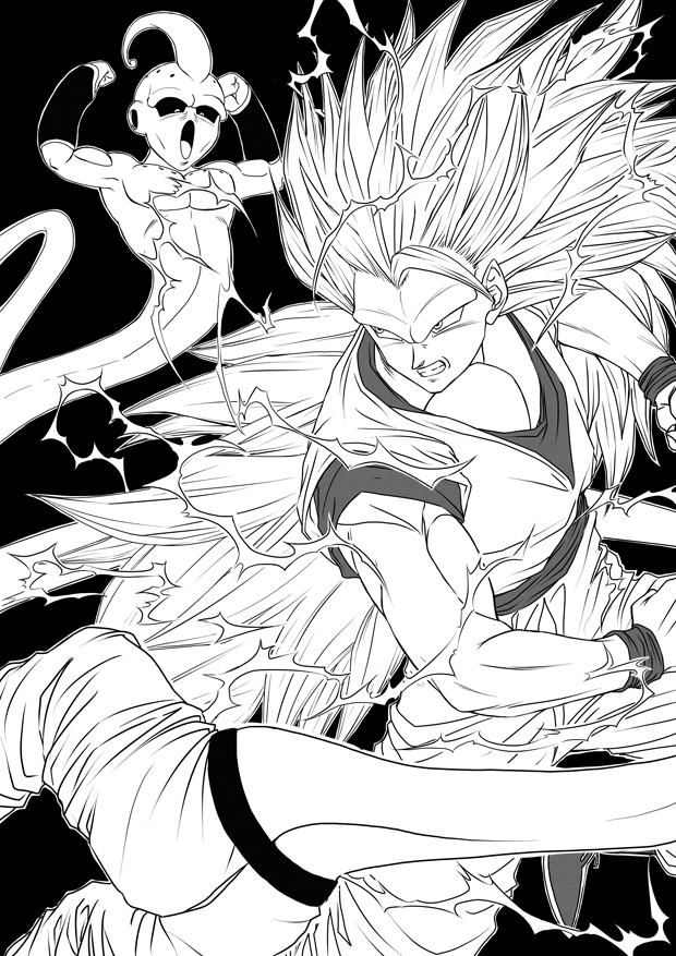 2boys, antennae, dragon_ball, dragon_ball_z, flexing, hisshamaru, long_hair, majin_buu