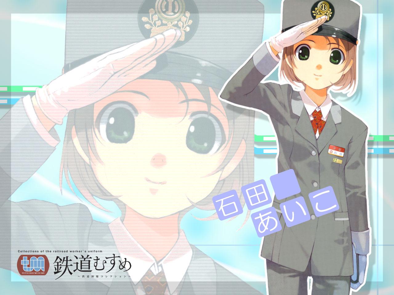 1girl, ishida_aiko, salute, tetsudou_musume, tomytec, uniform, zoom_layer