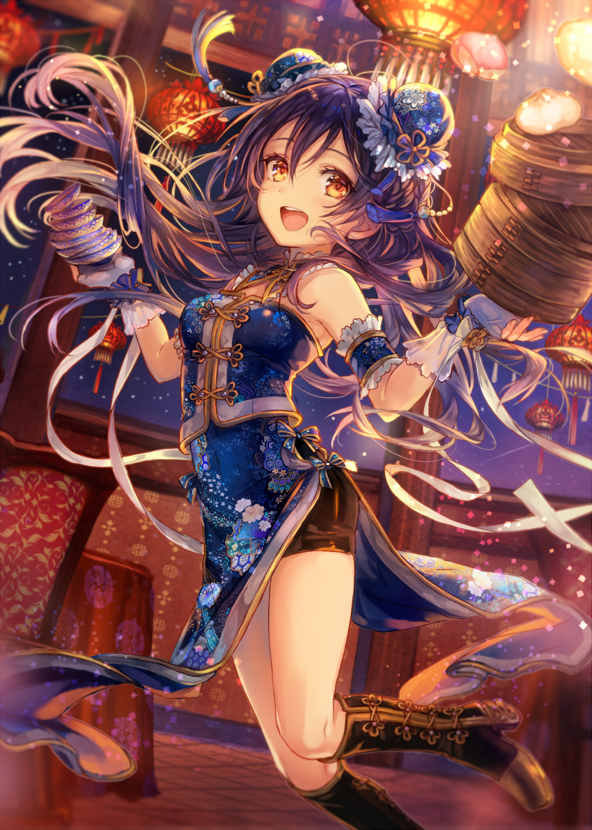 1girl, bamboo_steamer, bare_shoulders, blue_hair, china_dress, chinese_clothes, chinese_lantern, collar