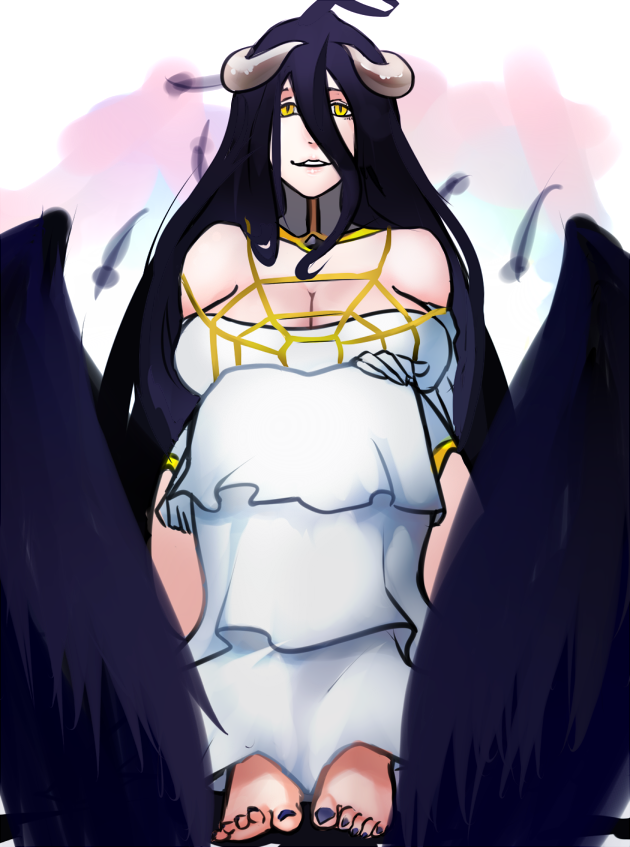 1girl, ahoge, albedo, bare_shoulders, barefoot, black_hair, black_wings, breasts, cleavage, curvy, demon_girl, detached_collar, elbow_gloves, folded_wings, gloves, hair_between_eyes, horns, knees_on_chest, large_breasts, light_smile, long_hair, looking_at_viewer, overlord_(maruyama), scathegrapes, sitting, solo, spider_web_print, toenail_polish, toes, very_long_hair, white_background, white_gloves, wings, yellow_eyes
