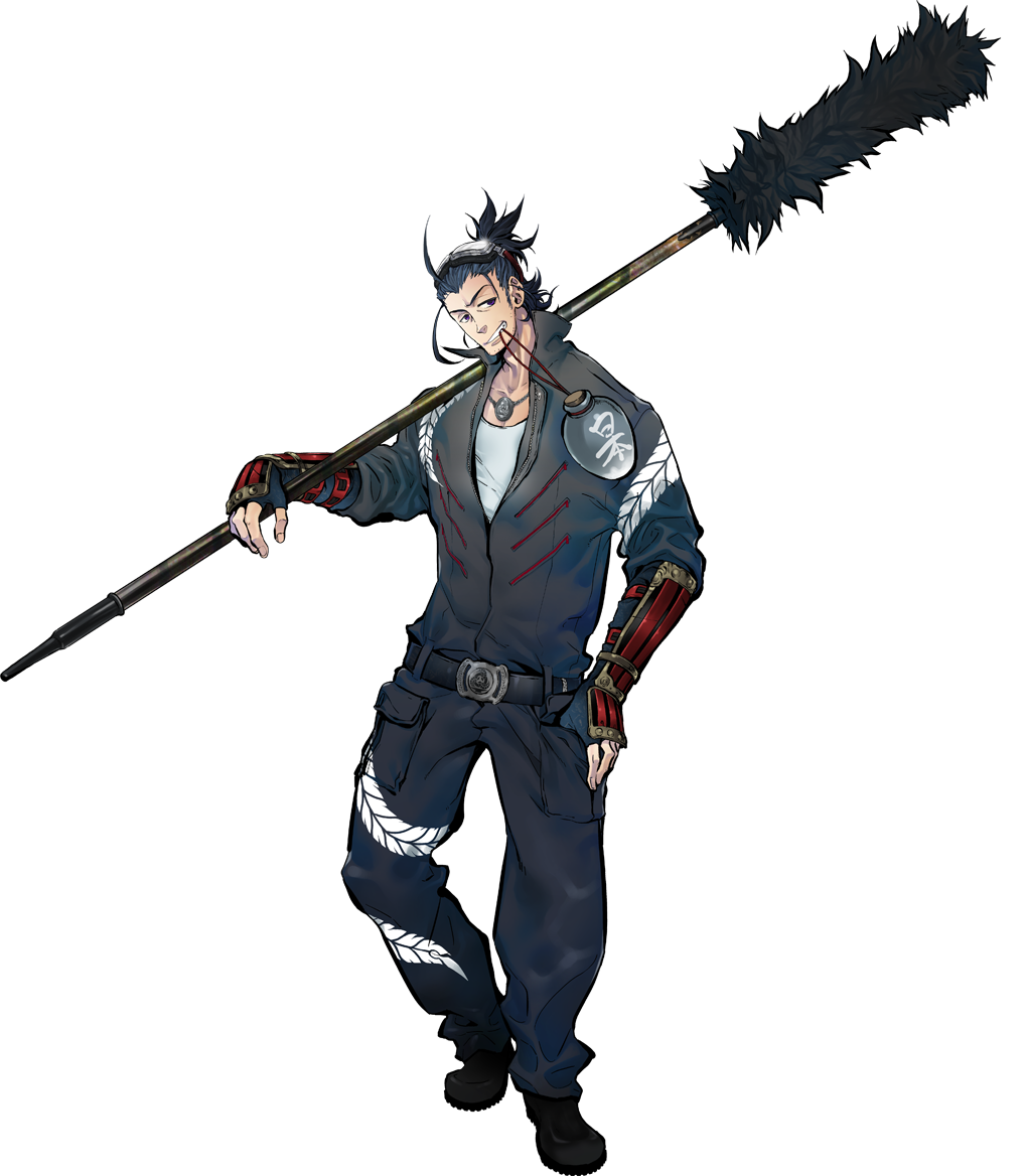 1boy, belt, black_hair, blue_eyes, goggles, goggles_on_head, gourd, grin