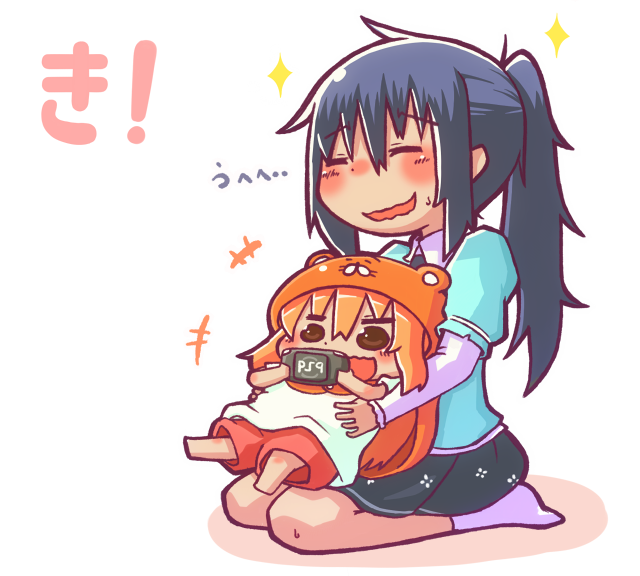 2girls, :d, blonde_hair, casual, chibi, closed_eyes, doma_umaru, hamster_costume, handheld_game_console, hekoningyou_(waraningyou), himouto!_umaru-chan, hood, long_hair, motoba_kirie, multiple_girls, on_lap, open_mouth, playstation_portable, ponytail, purple_hair, simple_background, smile, white_background