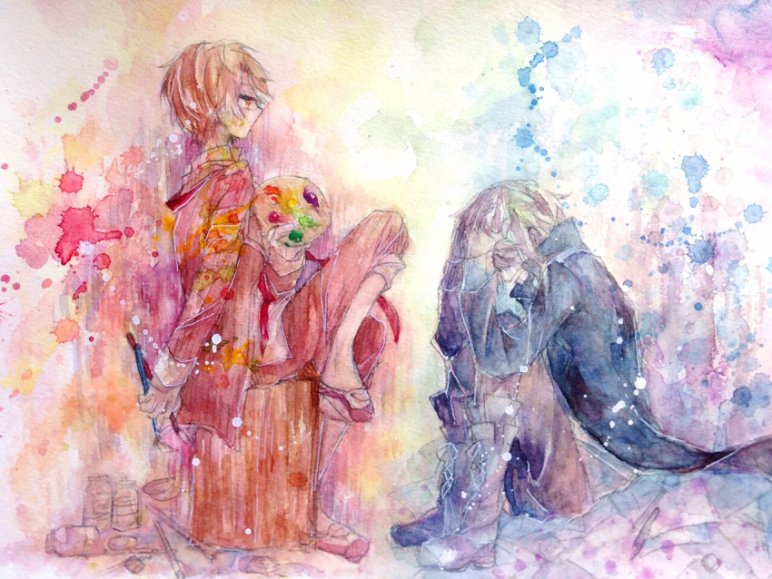 2boys, art_brush, boots, coat, hands_on_own_head, kuzuryuu_kyoma, looking_at_another, mikagura_gakuen_kumikyoku