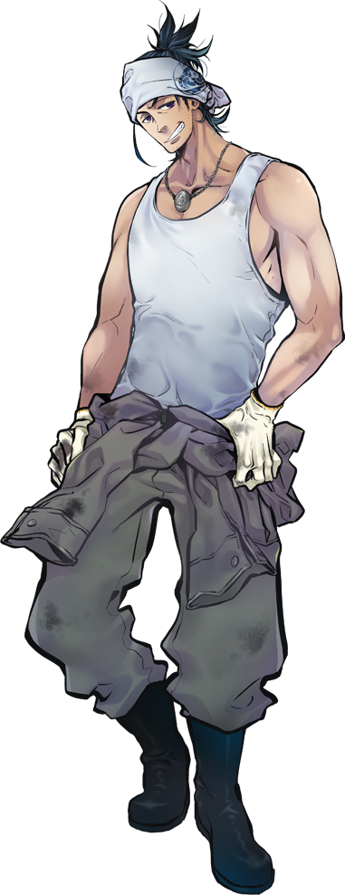 1boy, bandana, black_hair, blue_eyes, facial_hair, gloves, grin, male_focus