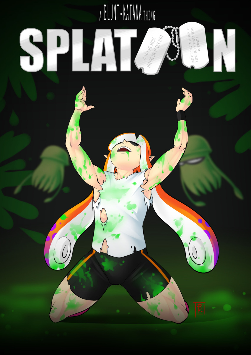 1girl, absurdres, arms_up, bike_shorts, blunt-katana, highres, inkling, kneeling, long_hair, paint_splatter, parody, platoon, pointy_ears, splatoon, tentacle_hair