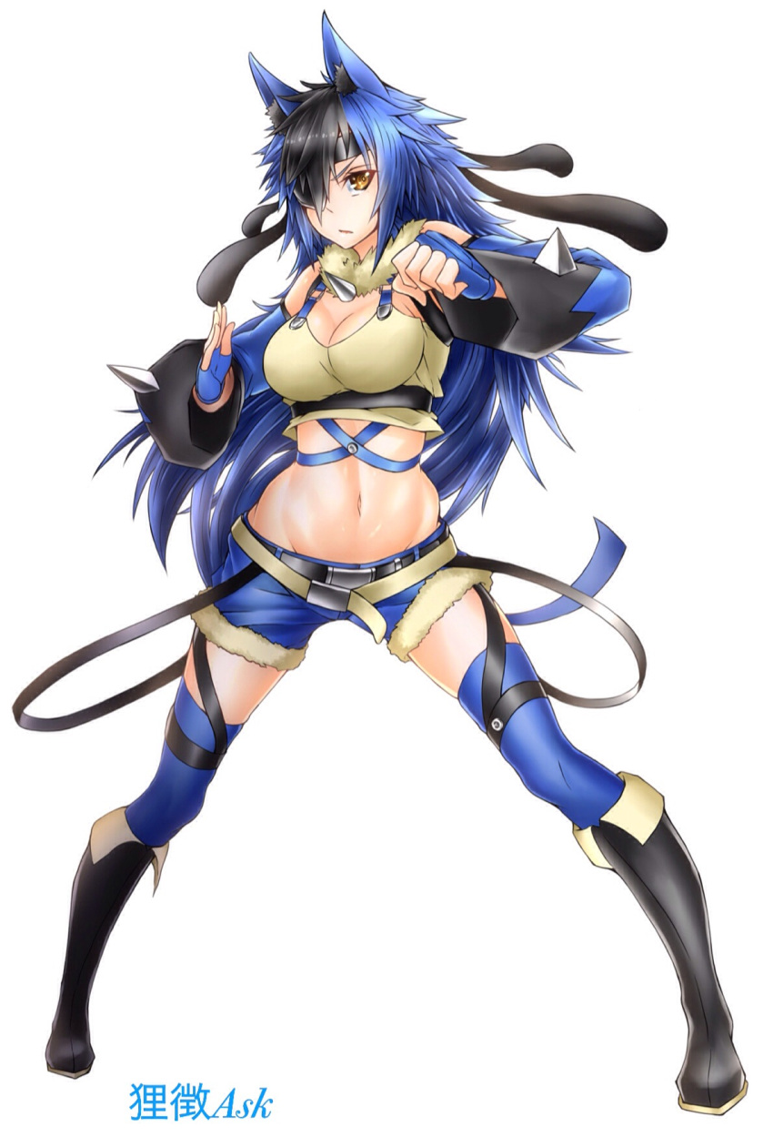 1girl, animal_ears, artist_name, belt, black_boots, black_hair, blue_hair, blue_legwear