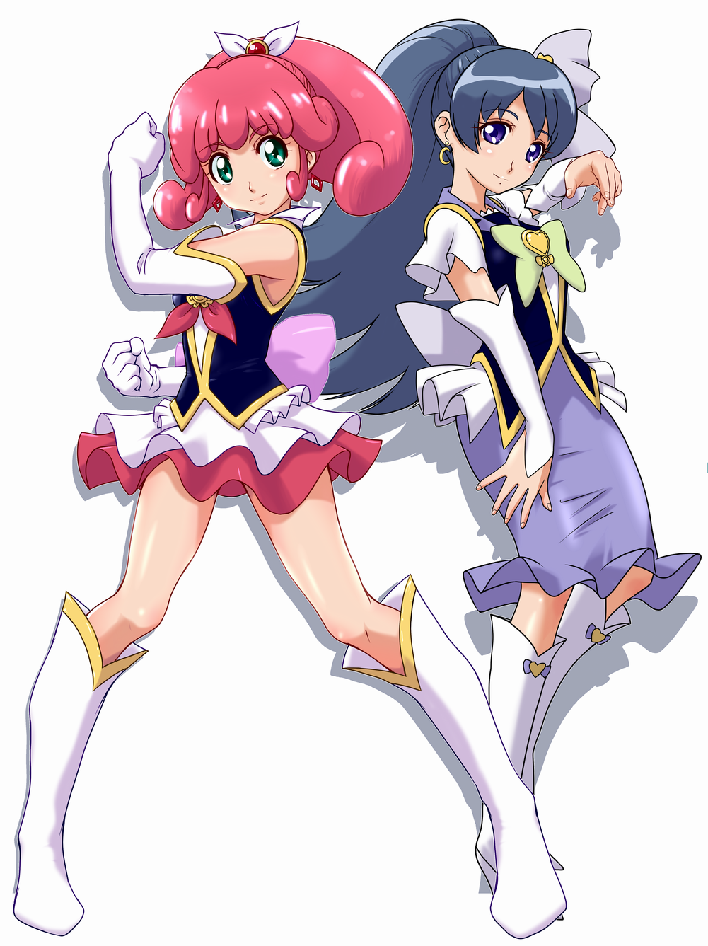 2girls, arm_warmers, black_hair, boots, bow, clenched_hand, crescent_earrings, cure_mirage