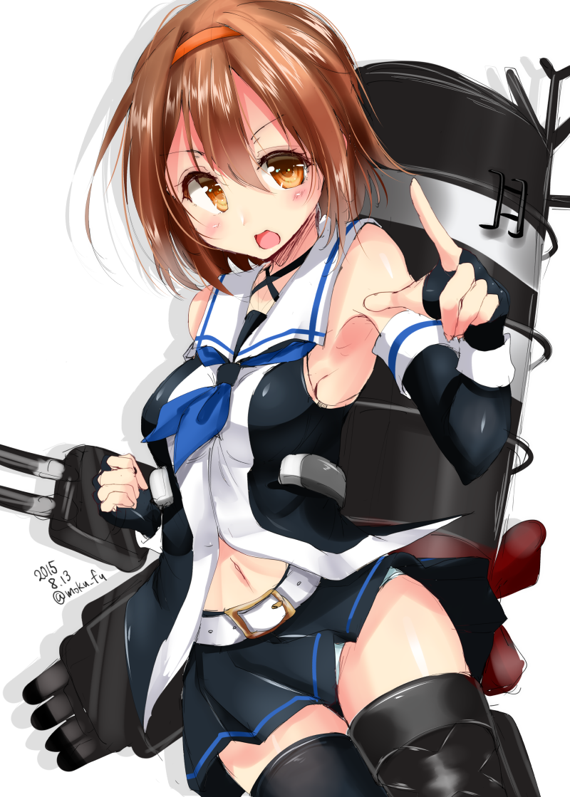 1girl, belt, brown_hair, cosplay, elbow_gloves, gloves, hairband, kantai_collection, kawakaze_(kantai_collection), kawakaze_(kantai_collection)_(cosplay), long_hair, mokufuu, school_uniform, shiratsuyu_(kantai_collection), short_hair, smile, solo