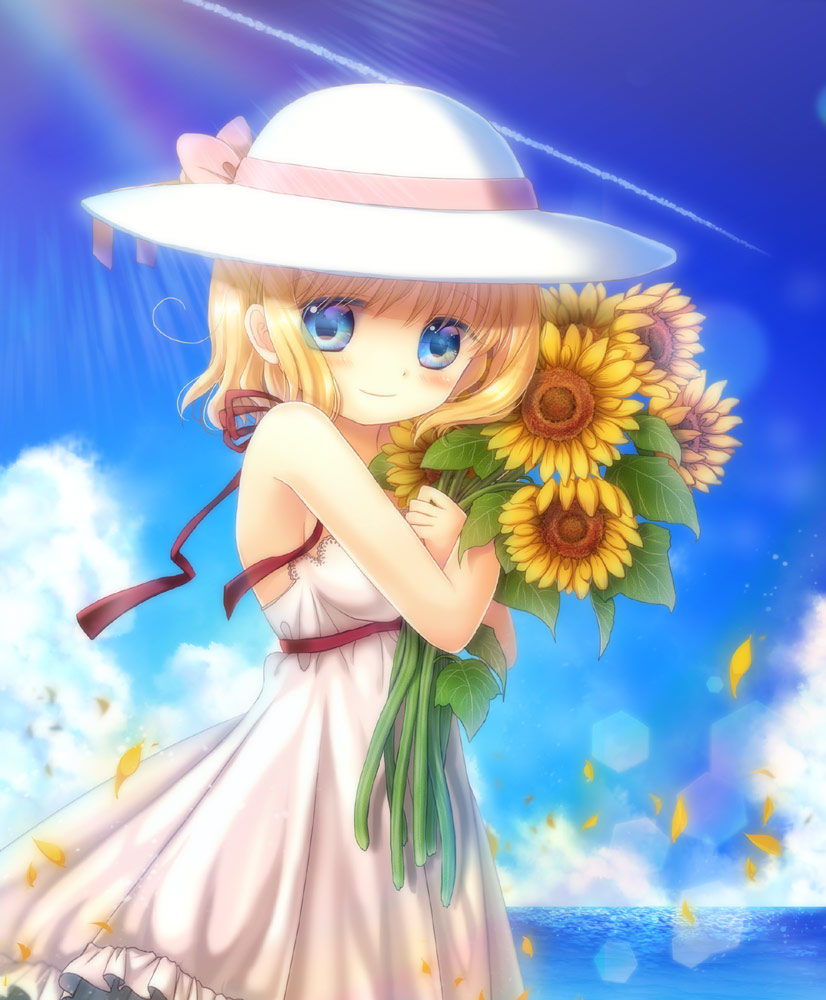 1girl, air, blonde_hair, blue_eyes, dress, flower, hair_ribbon, hat, hinokami_sakura, kamio_misuzu, ribbon, short_hair, smile, solo, sunflower, younger