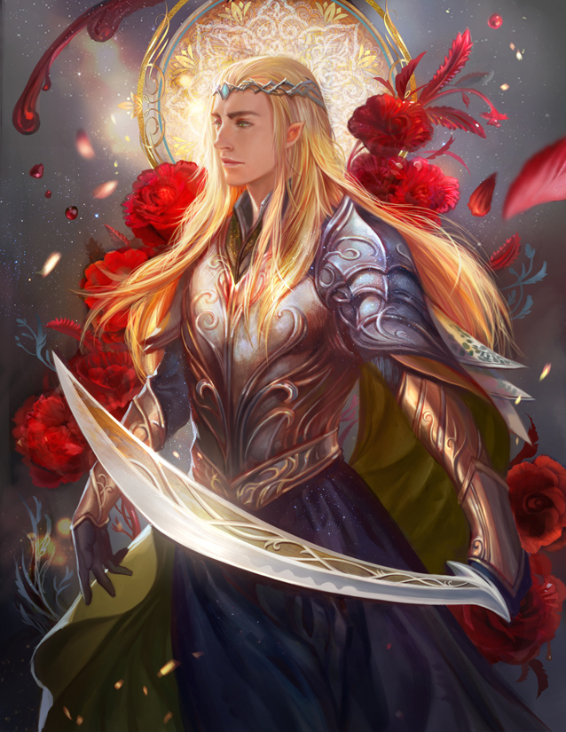 1boy, armor, blonde_hair, breastplate, circlet, elf, flower, forehead_jewel