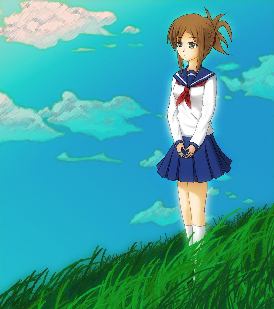 clouds, field, grass, ikuoikuo, magister_takigawa, onanie_master_kurosawa, school_uniform, serafuku, sky
