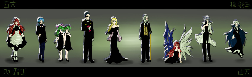 2boys, 6+girls, absurdres, asymmetrical_wings, bare_shoulders, beret, blonde_hair, blue_eyes