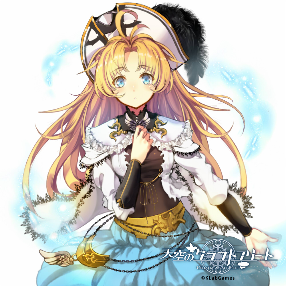 1girl, ahoge, ari0w0, blonde_hair, blue_eyes, brooch, company_name, copyright_name
