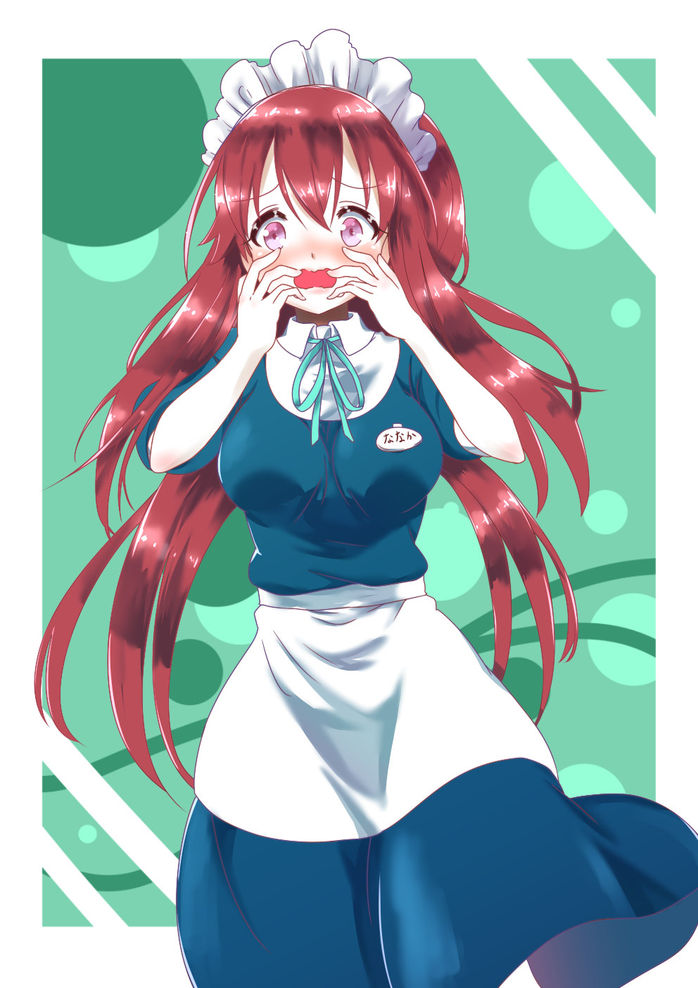 1girl, apron, blush, engawa_(rarenago), highres, long_hair, love_live!_school_idol_festival, maid, maid_apron, maid_headdress, morishima_nanaka, open_mouth, redhead, solo, violet_eyes