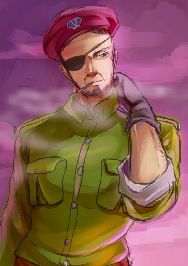 1boy, beard, beret, cigarette, dilaih, eyepatch, facial_hair, gates_(seihou)