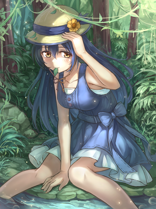 1girl, black_hair, collarbone, dress, feet_in_water, hat, leaf, long_hair