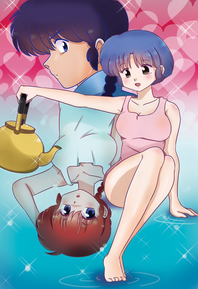 1boy, 2girls, black_hair, blue_hair, ranma-chan, ranma_1/2, red_hair, rio_(mintboo), saotome_ranma, short_hair, tendou_akane