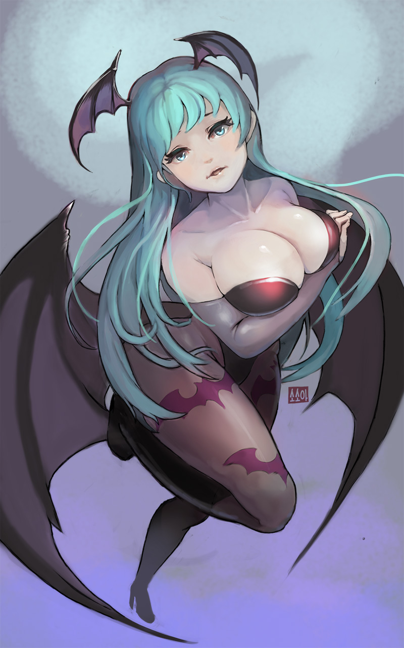 1girl, bare_shoulders, bat_print, bat_wings, boots, breast_hold, breasts, bridal_gauntlets