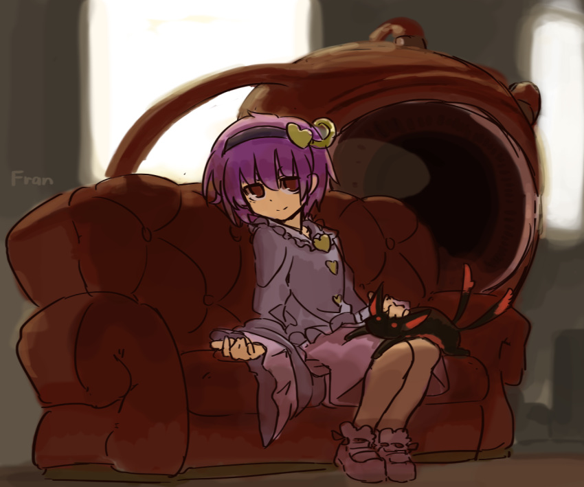 1girl, animal, cat, couch, creepy, eyeball, fran_(tukihashi), hairband